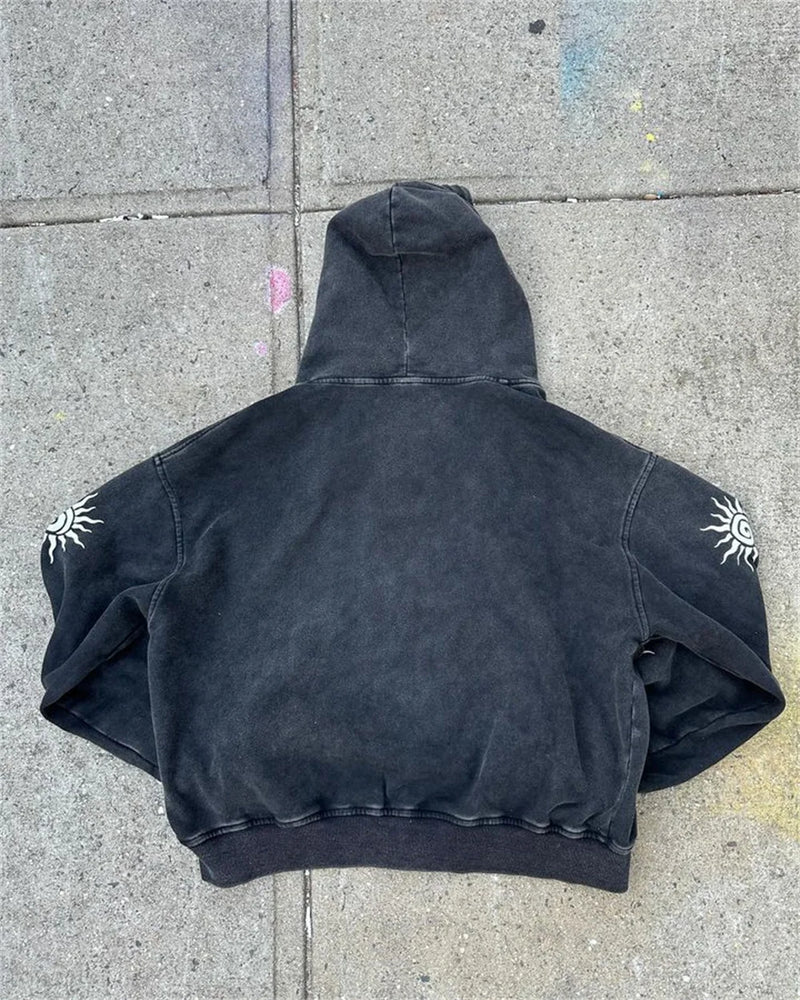 Street Retro Clothing Men Flame Print Oversized Sweatshirt Women Y2K G