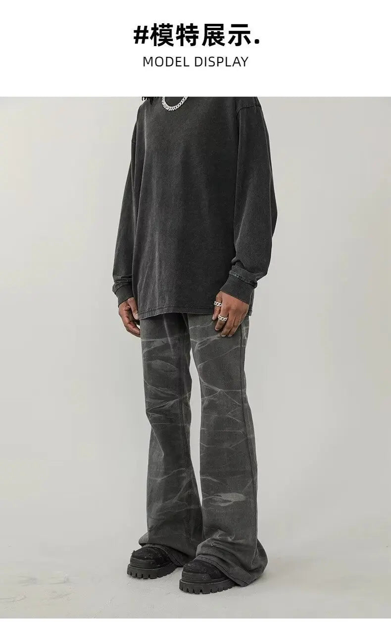 american tie dyed washed flared jeans european and american streetwear ripple design mens trendy distressed flare denim pants unique jeans style 474