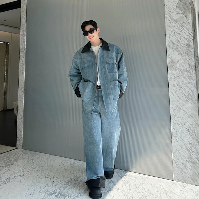 fashion show suits men streetwear washed denim splice loose casual jacket wide leg jeans pants 2 piece sets coat trousers suits unique jeans style 2745