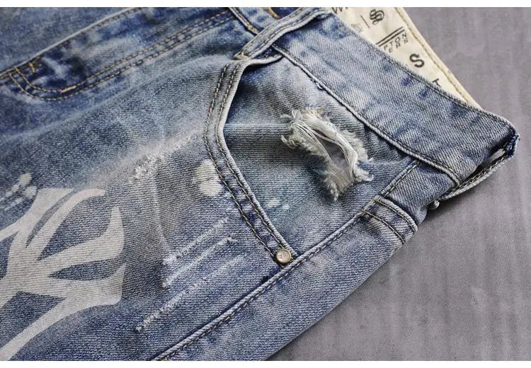 Men's Denim Shorts With Holes Washed Korean Style Straight Quarter  Patch Casual Jeans