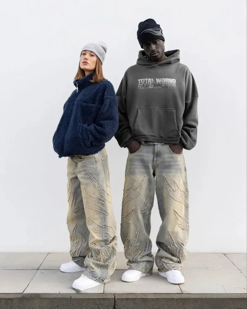 american gothic patchwork raw edge embroidered letter jeans mens street hip hop harajuku high waisted wide leg pants womens vintage washed jeans