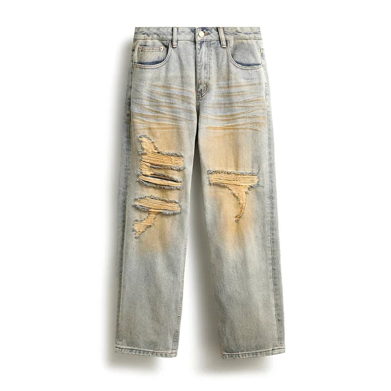 men patch hole distressed plus size denim pant ripped jeans streetwear fashion hip hop vibe loose casual baggy jeans trousers 40 unique jeans style 3187