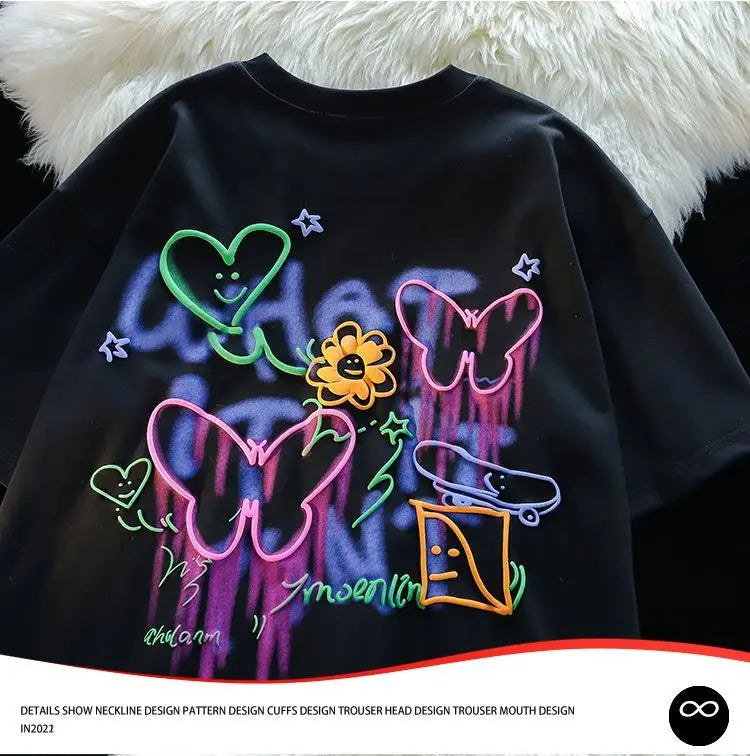 Y2k Vintage t-shirt – Harajuku Butterfly Flower Childlike Painting T Shirts Studen