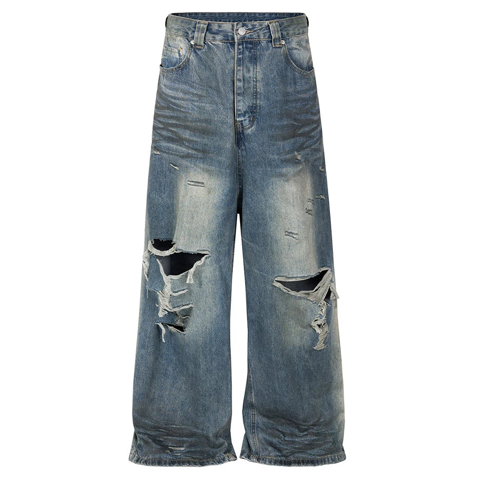 mens baggy jeans blue distressed ripped loose denim pants streetwear oversized hip hop jeans trousers unique jeans style 611