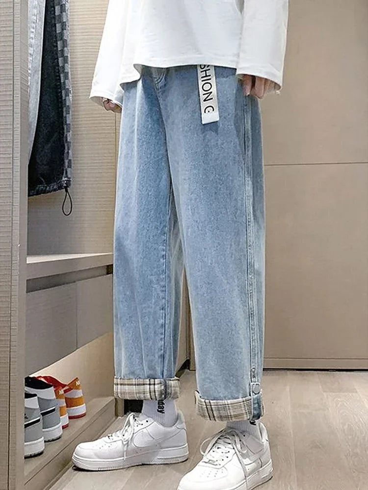 2024 new plaid trouser legs jeans for men casual baggy straight denim pants korean fashion y2k streetwear pantalones hombre jean unique jeans style 3573