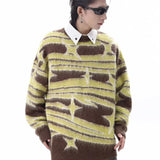 japanese hip hop sweater set men contrast zebra pattern round neck knit top splicing distressed loose jeans 2 pcs harajuku suit denim street jeans