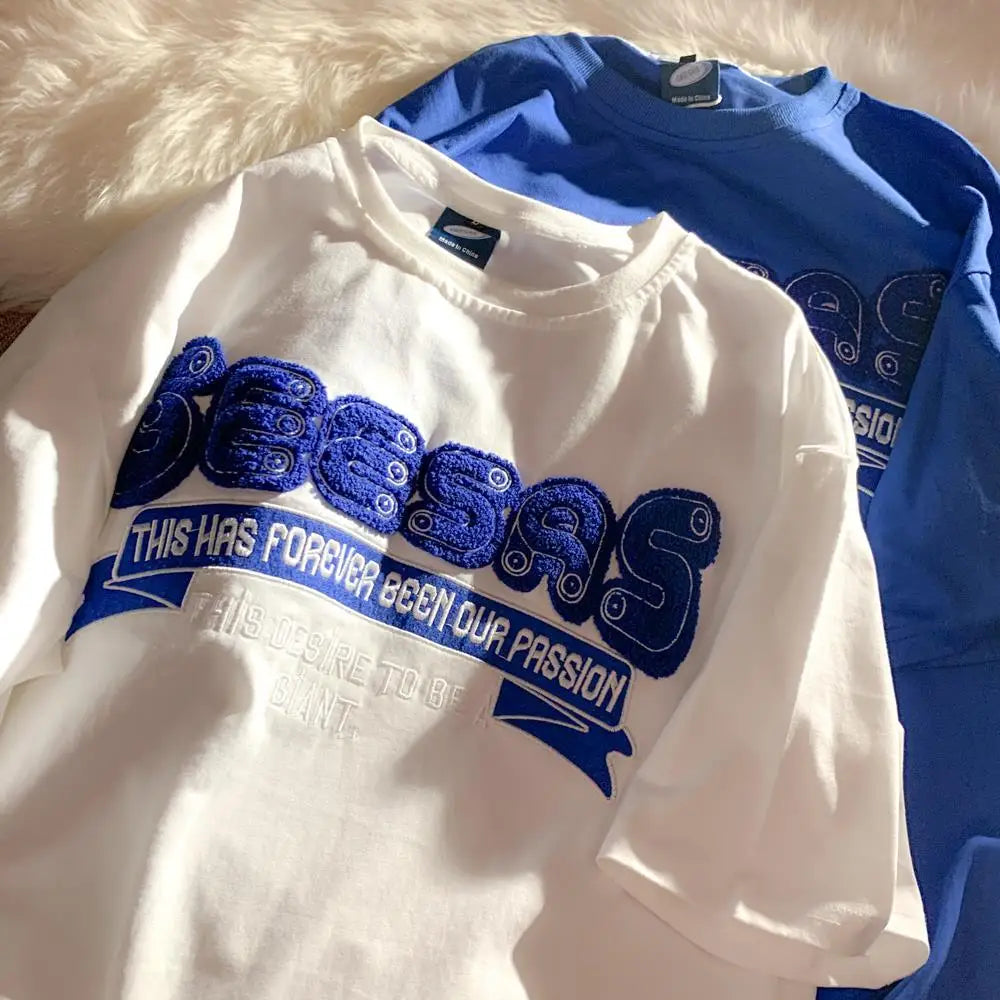 Harajuku Oversized Shirt – Retro Klein Blue Flocking Embroidery T Shirts Fashion Preppy – Modern Streetwear for Everyone