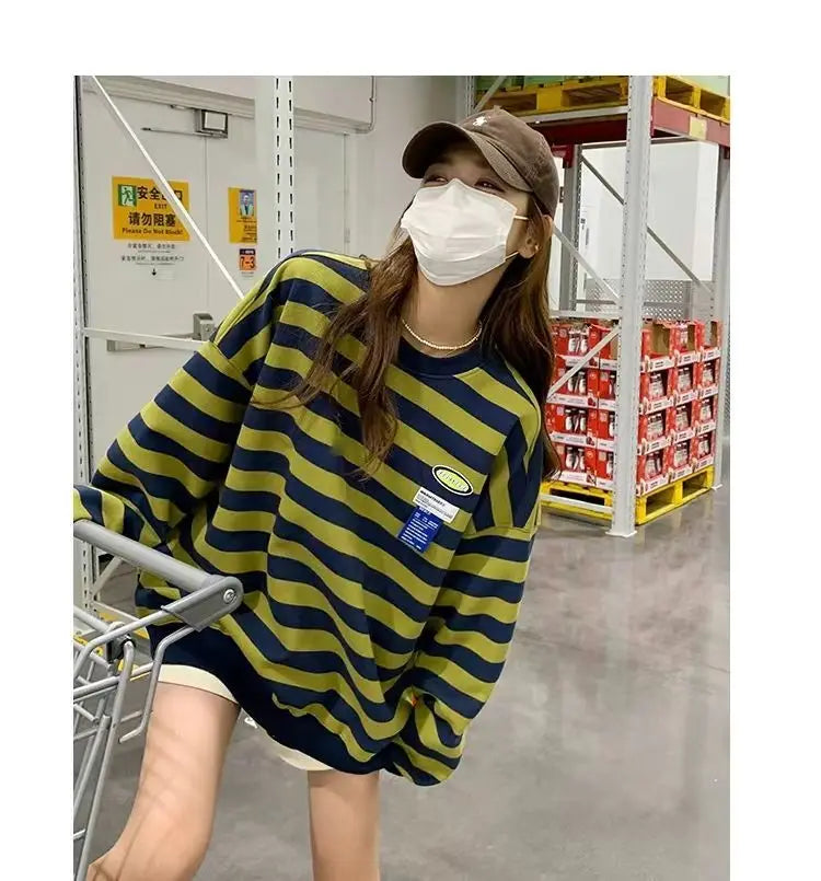 Original Korean New Style Loose Striped Sweatshirt American Harajuku C