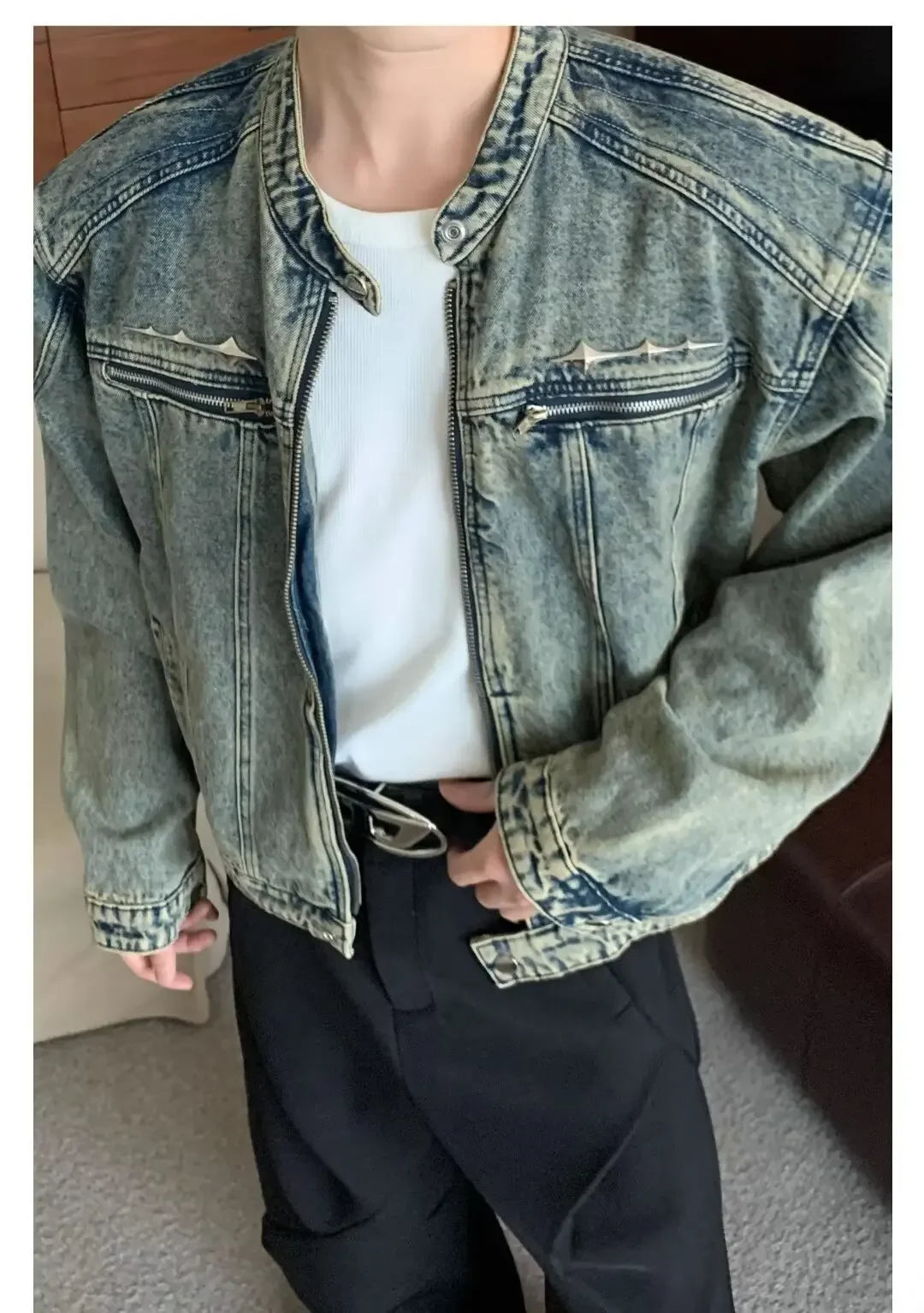 Mens Denim Jackets American Style High Street Zippers Coat Vintage Was