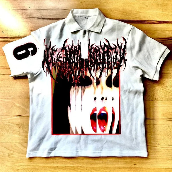 Gothic Aesthetic print tee – Y2K Harajuku Hip Hop Retro Cartoon Printed Lapel Short Sleev