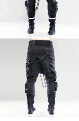 vintage motorcycle trousers joggers mens asymmetric straped pleated cross pants function elastic waist trousers unique joggers style 4602