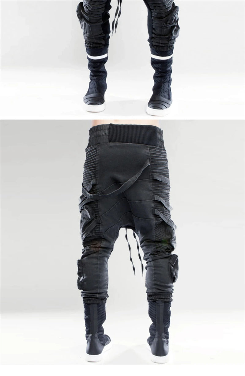 vintage motorcycle trousers joggers mens asymmetric straped pleated cross pants function elastic waist trousers unique joggers style 4602