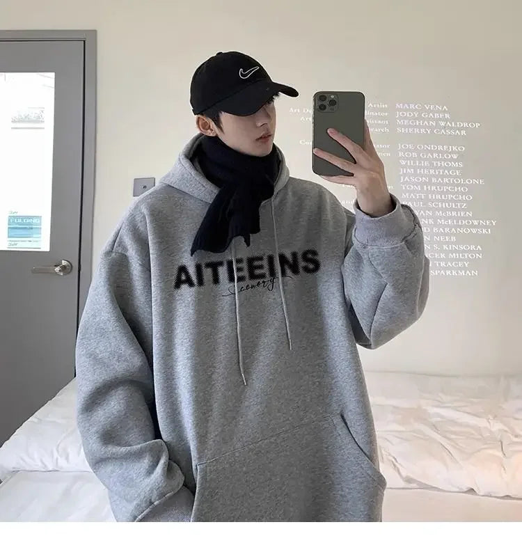 Burgundy Hooded Sweatshirt For Men 2024 Autumn And Winter New Tops Hea