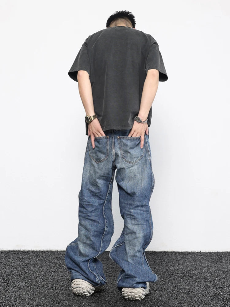 men high street twisted wave pants casual harajuku retro washed zipper straight trouser hip hop fashion streetwear baggy joggers casual joggers