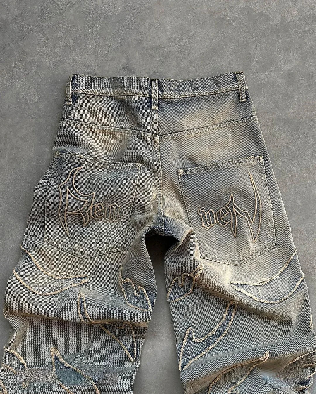 2023 american trendy gothic patchwork raw edge embroidered high waist jeans mens retro loose buttoned wide leg pants womens unique jeans style 325