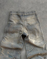 2023 american trendy gothic patchwork raw edge embroidered high waist jeans mens retro loose buttoned wide leg pants womens unique jeans style 325