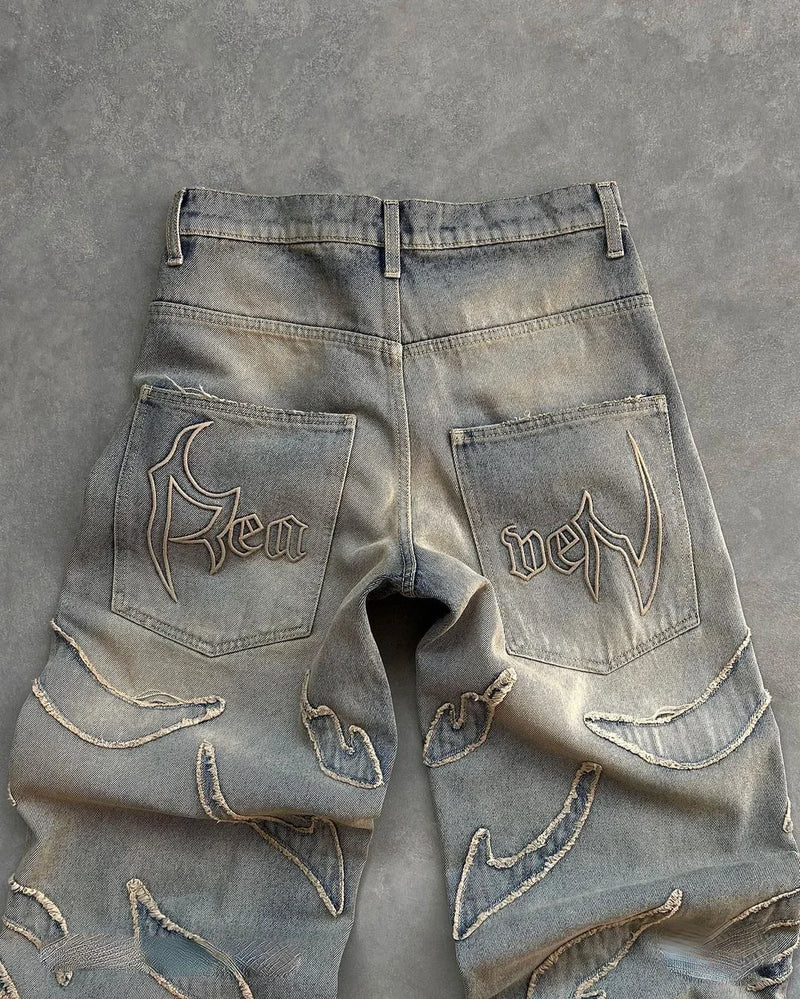 2023 american trendy gothic patchwork raw edge embroidered high waist jeans mens retro loose buttoned wide leg pants womens unique jeans style 325