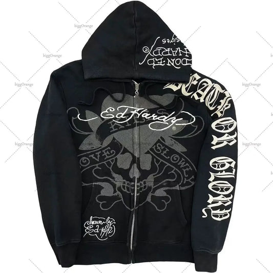American Fashion Trend Pattern Print Zipper Hoodie Women Y2K New Stree