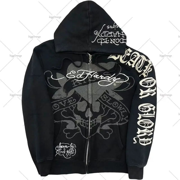 American Fashion Trend Pattern Print Zipper Hoodie Women Y2K New Stree