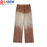 rainbowtouches mens washed jeans vintage high street gradient fashion trends zipper jeans loose straight long pant casual pants vintage washed jeans