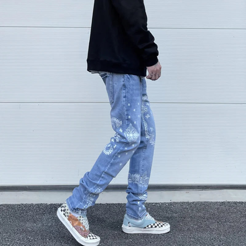 mens high street paisley print denim jeans casual hip hop distressed jeans slim fit skinny denim pants joggers streetwear men streetwear sweatpants
