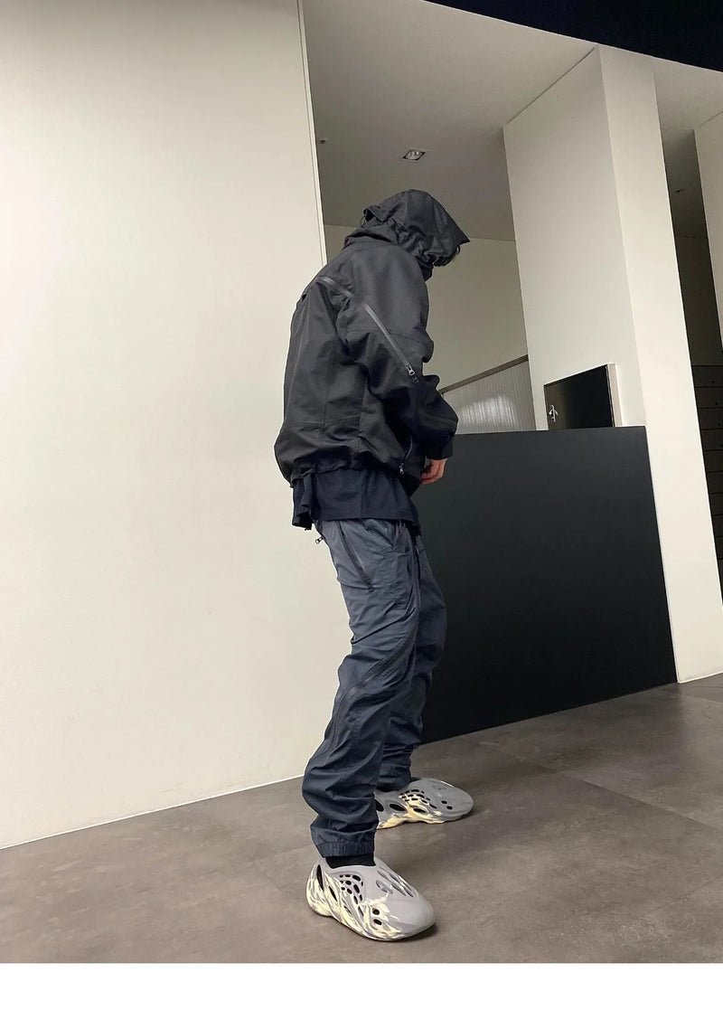 nylon deconstructed zipper up splicing cargo pant for mens black overalls streetwear function bilayer slim fit joggers pants unique joggers style 1384