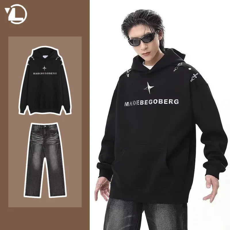 mens autumn hoodie set oversized high street hooded pullover hip hop straight leg jeans 2 piece 2023 street couple fashion suit ripped baggy denim
