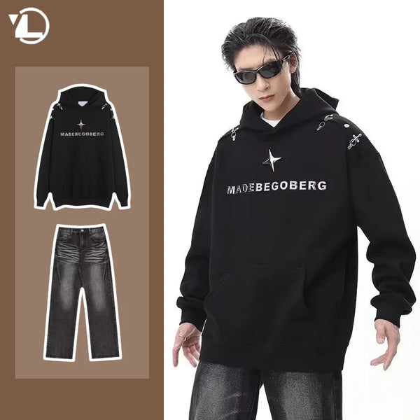 mens autumn hoodie set oversized high street hooded pullover hip hop straight leg jeans 2 piece 2023 street couple fashion suit ripped baggy denim