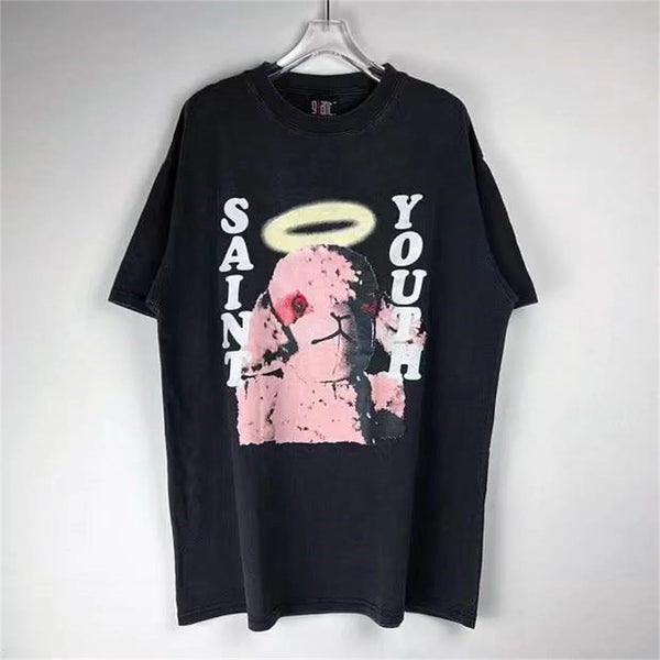 Y2K bear t-shirt with rainbow glitch background and icons