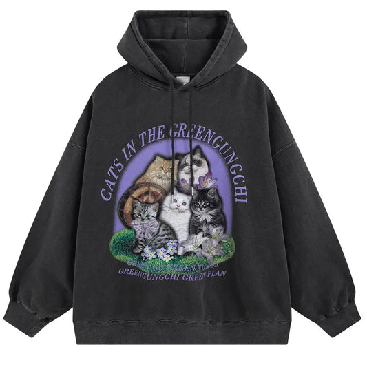 Vintage Hoodie Streetwear Hip Hop Retro Cats Print Hooded Sweatshirt M