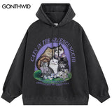 Vintage Hoodie Streetwear Hip Hop Retro Cats Print Hooded Sweatshirt M