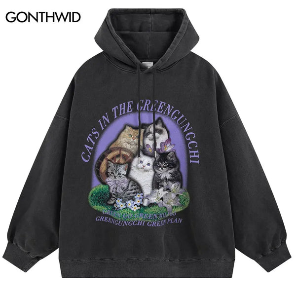 Vintage Hoodie Streetwear Hip Hop Retro Cats Print Hooded Sweatshirt M