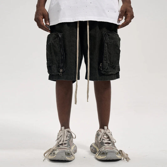 Streetwear Distressed Clothes Hip Hop Tie Dyed Washed Denim Shorts Y2k Oversized Vintage Outdoor Canvas Black Cargo Jeans Shorts