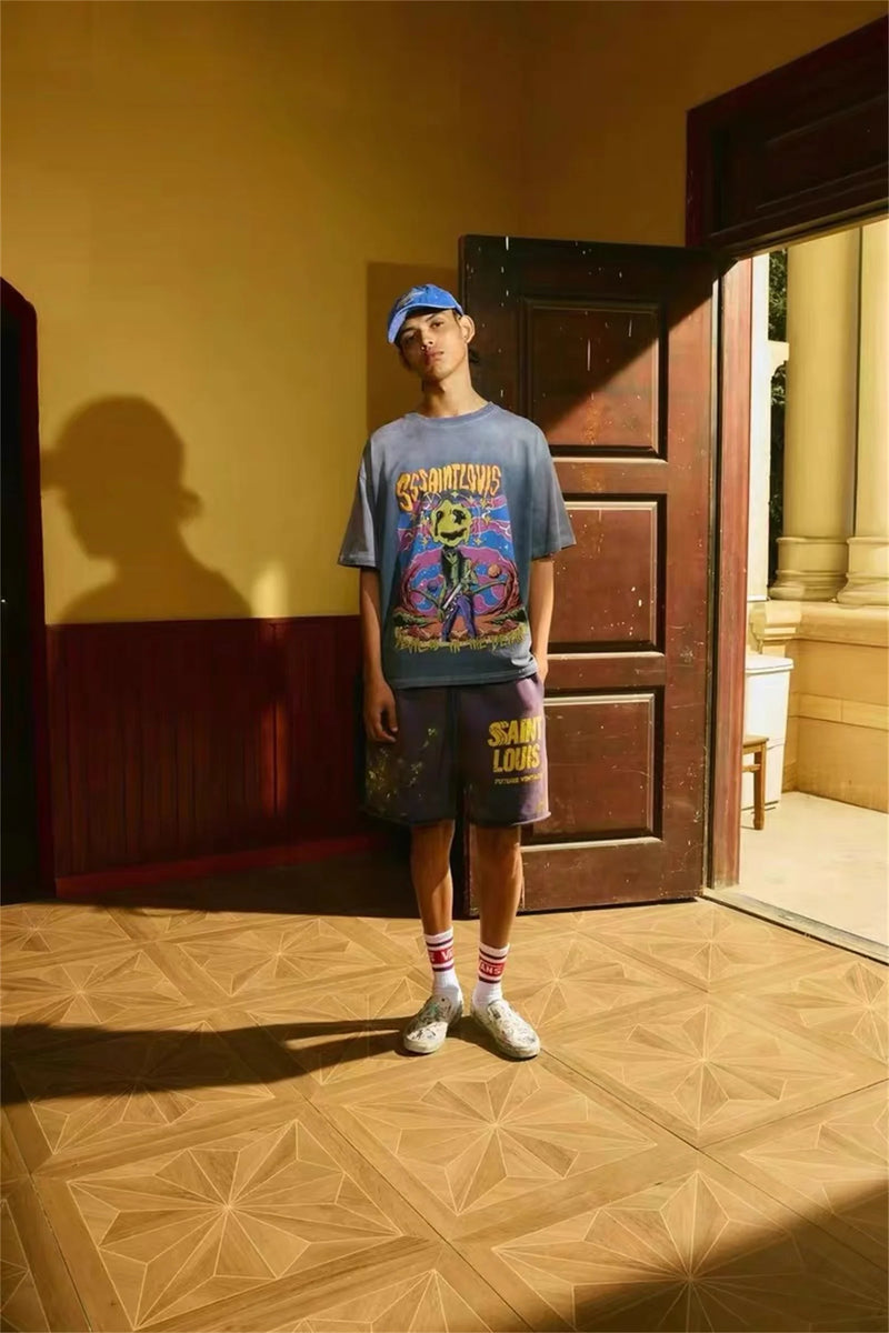 SSSAINT LOUIS Rock Alien Print Hip-Pop High-Street wear Vintage Retro Oversized Tops Tee