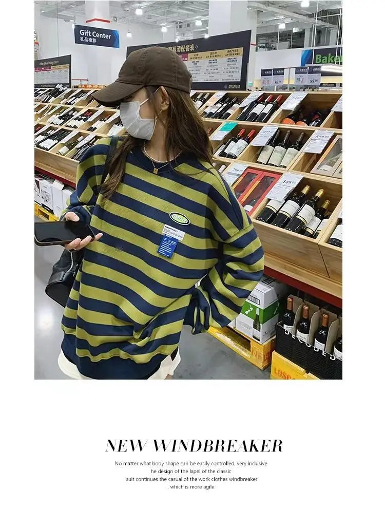 Original Korean New Style Loose Striped Sweatshirt American Harajuku C