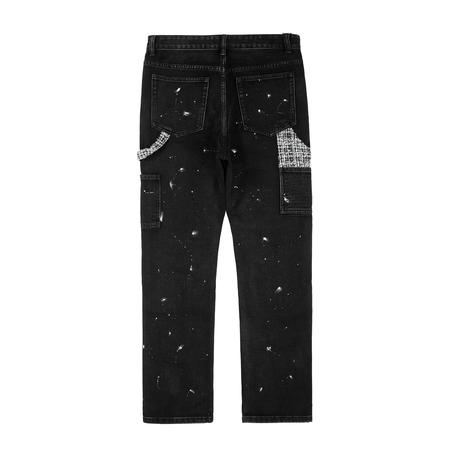 black white checkered patchwork straight leg denim trousers men hip hop splashed ink logging pants jeans slim fit washed torn unique jeans style 555