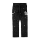 black white checkered patchwork straight leg denim trousers men hip hop splashed ink logging pants jeans slim fit washed torn unique jeans style 555