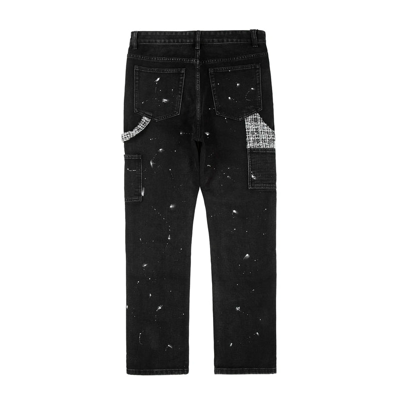 black white checkered patchwork straight leg denim trousers men hip hop splashed ink logging pants jeans slim fit washed torn unique jeans style 555