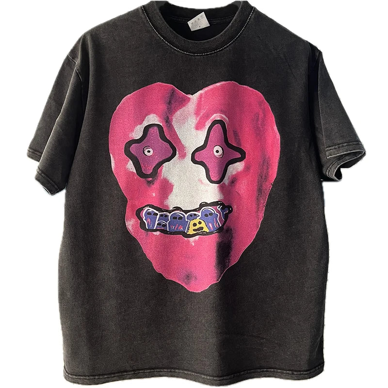 Gothic Streetwear – Men Hip Hop Washed T Shirt Streetwear Funny Heart Monster Pr – Urban Streetwear for Men & Women
