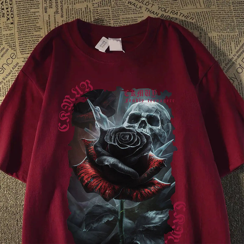 Sadcore Aesthetic piece – Pure Cotton Heavyweight American Skull Rose Summer Ins Short