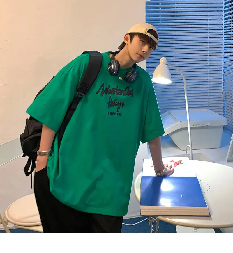 Korean style new Hong Kong style trendy letter printed short-sleeved trend loose and versatile casual couple half-sleeved top