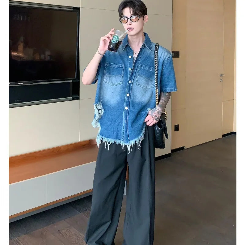 fashion high street mens set 2024 multi pocket short sleeved denim shirt casual straight leg pants 2 pcs set summer suit unisex unique jeans style 4485