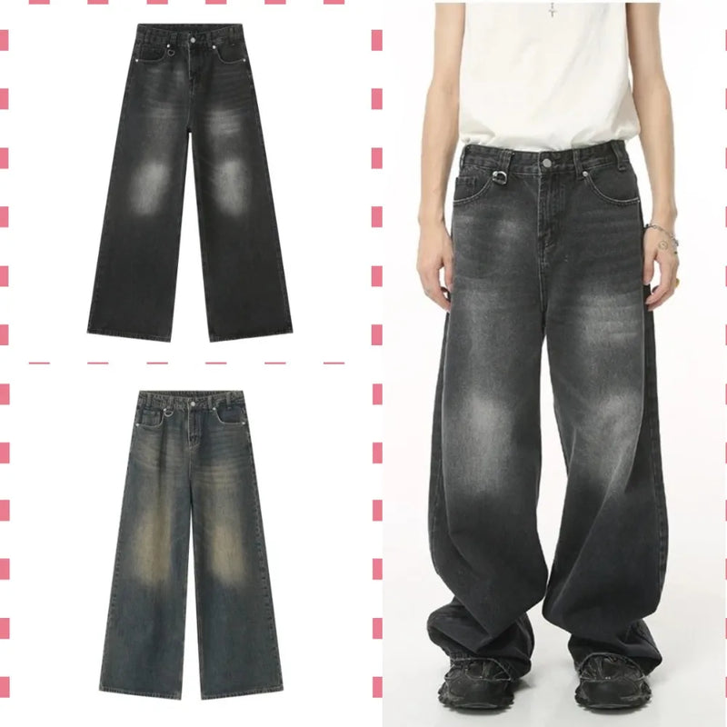 streetwear vintage y2k men s jeans black baggy trousers new wide leg denim pants hip hop harajuku distressed straight pants unique jeans style 761
