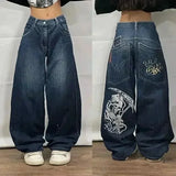 american fashion pattern embroidery loose women street y2k new hip hop punk oversized mopping wide leg pants couple casual jeans unique jeans style 3075