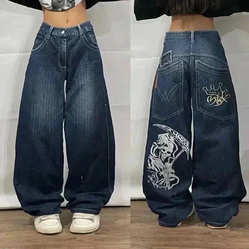 american fashion pattern embroidery loose women street y2k new hip hop punk oversized mopping wide leg pants couple casual jeans unique jeans style 3075