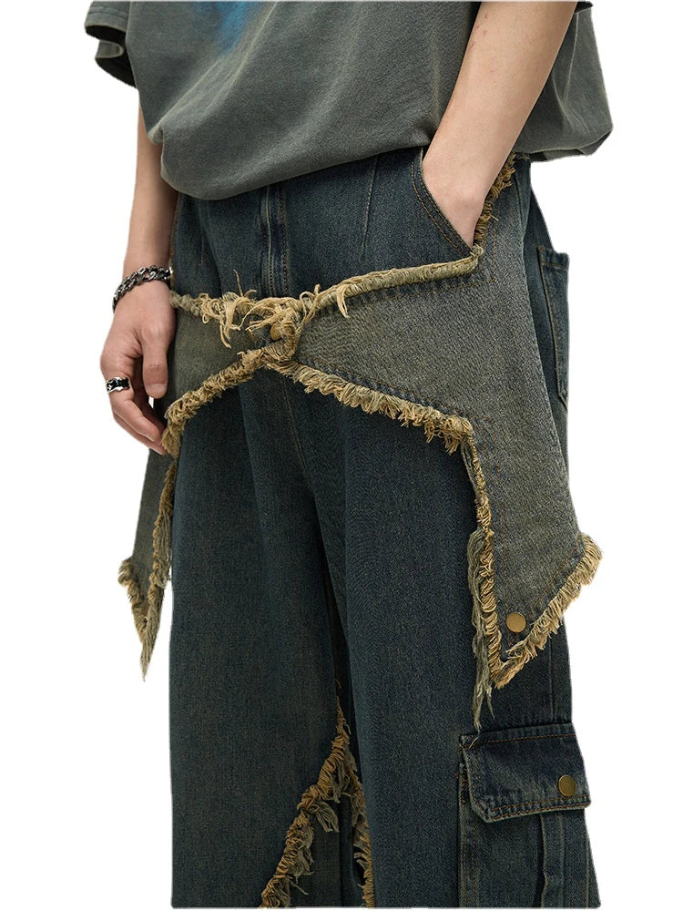 fashion patchwork frayed star denim straight jean pant men casual side pocket y2k trouser unisex hip hop streetwear jeans pants vintage washed jeans