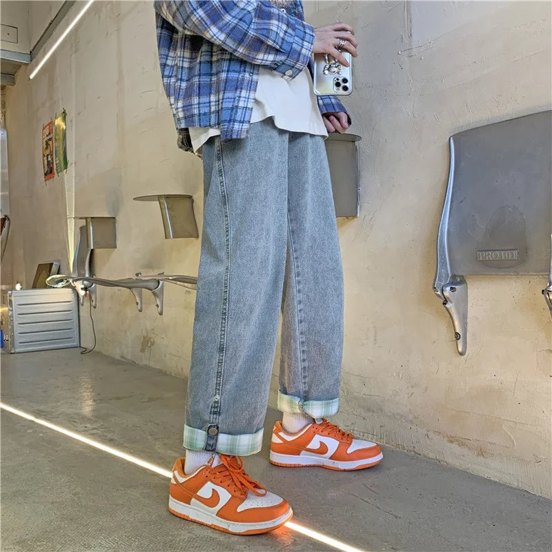 autumn plaid cuffs wide leg jeans for men high street fashion straight denim pants mujer elastic y2k baggy blue jean trousers urban skinny jeans