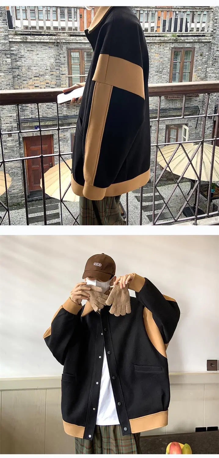 Winter Contrasting Color Splicing Jacket Mens Loose And Versatile Thic