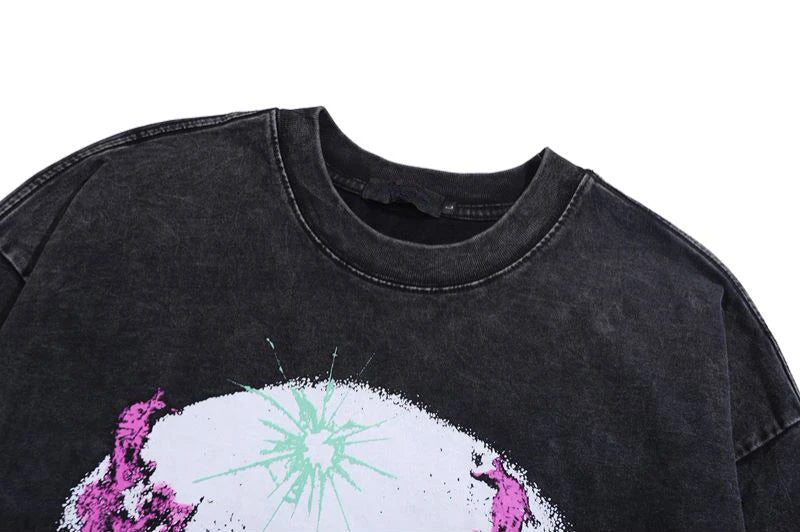 Cyberpunk Graphic Tee – Harajuku Skeleton Fire Printed Retro Distressed Washed T Shi – Urban Streetwear for Men & Women