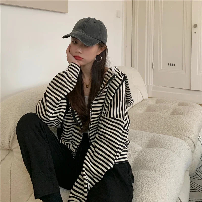 Autumn And Winter New Korean Style Ins Casual Sports Style Striped Hoo